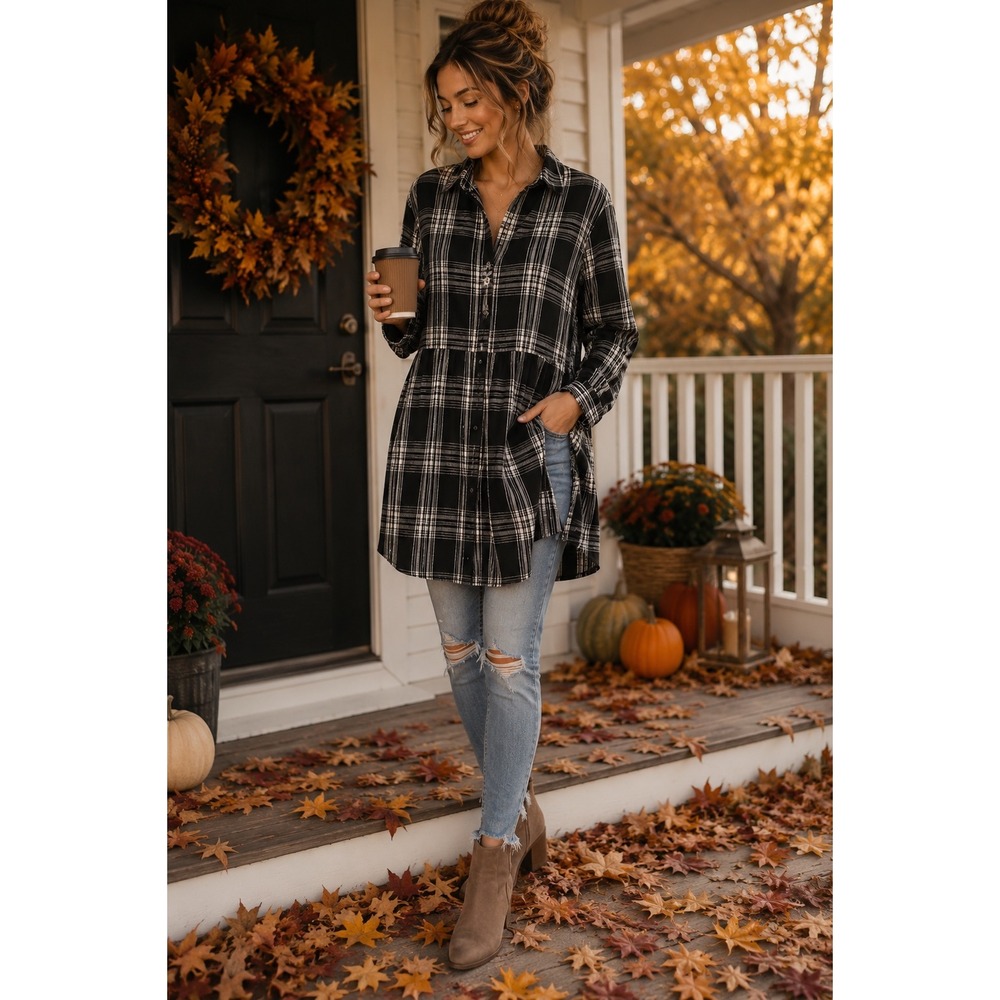 Lou & Grey for LOFT Black White Plaid Button Front Shirt Dress Womens Medium